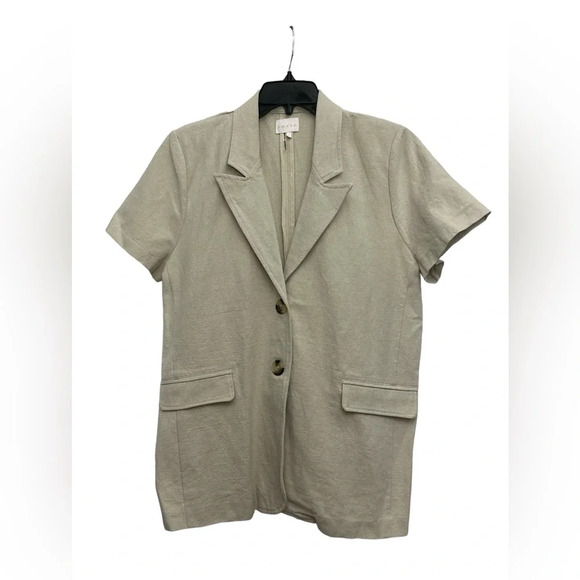 Entro Linen Blazer Size Large Short Sleeve Beige Tunic Length Jacket - Picture 1 of 5
